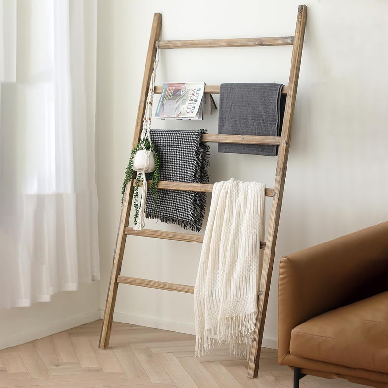 FUIN Extra Wide 6.4ft Wooden Blanket Ladder Living Room Decorative Wal Leaning Farmhouse Quilt Display Holder Rustic Wood Towel Rack for Bathroom, Burnt Brown, 38 inch Wide - Image 5